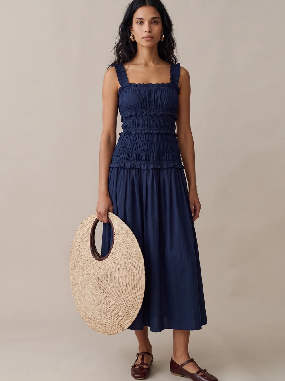 Navy Smocked Midi Dress - Women